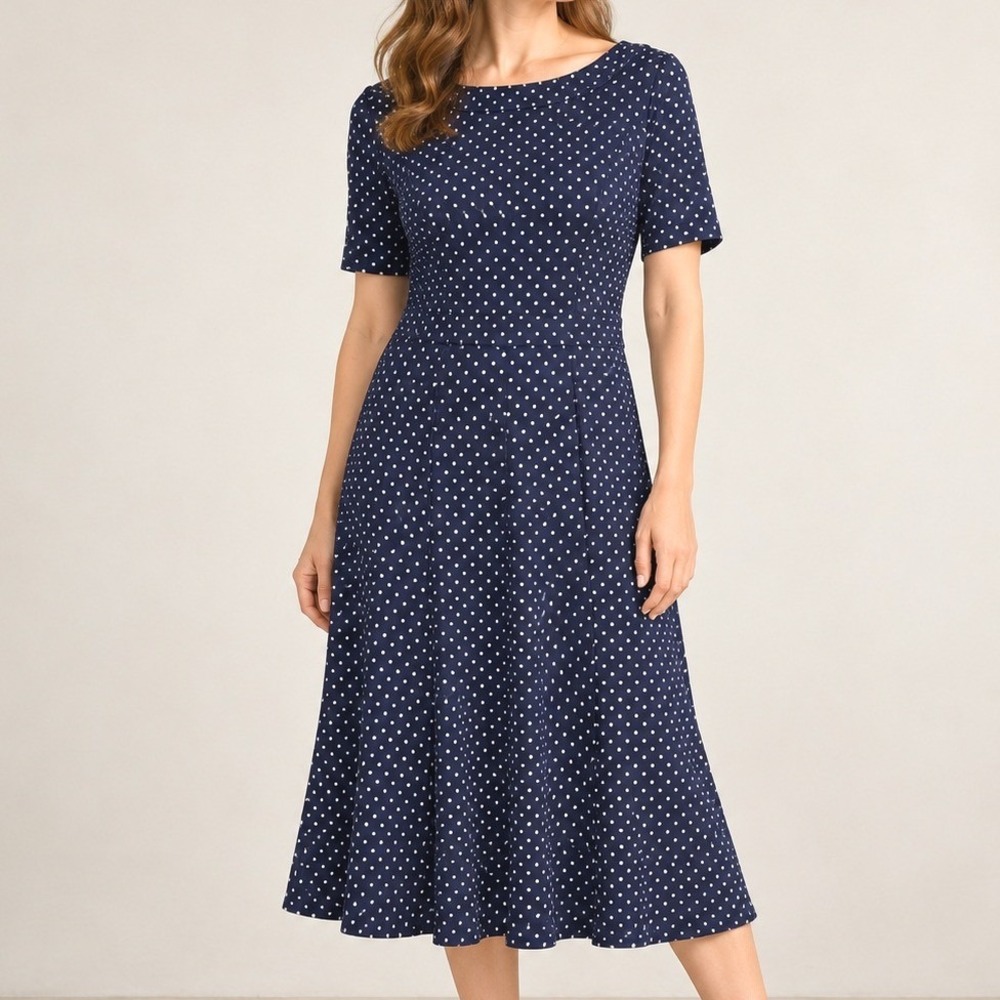 Talbots Easy Travel Dress Womens Navy Blue Polka Dot Short Sleeve Midi 8